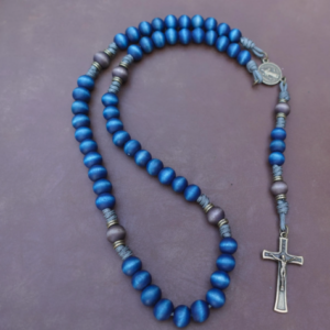 New Arrivals hand dyed blue wood bead rosary ? medieval bronze crucifix on paracord
